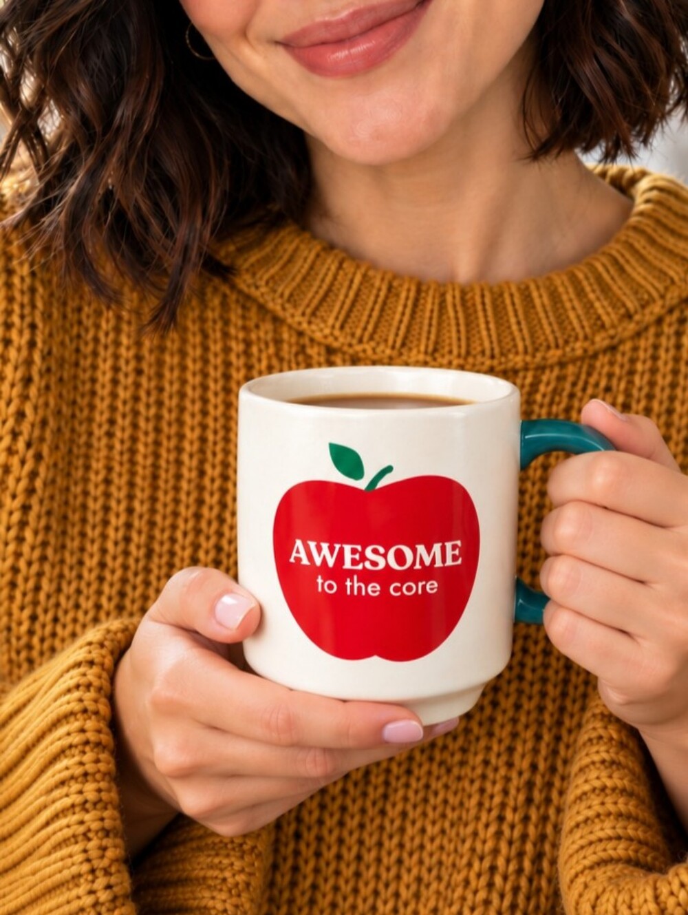 Indigo Awesome to the Core Red Apple Ceramic Mug - Teal Handle